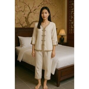 Cocoon by Randi Kristensen Pure Silk Pajama Set Lounge Sleepwear Frog Closure L‎
